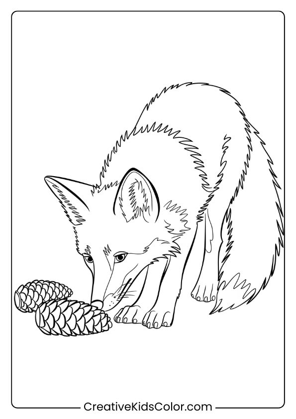 Fox Coloring Page Of A Fox Sniffing Pine Cones On The Ground, With Detailed Fur, Showcasing A Curious Woodland Scene.