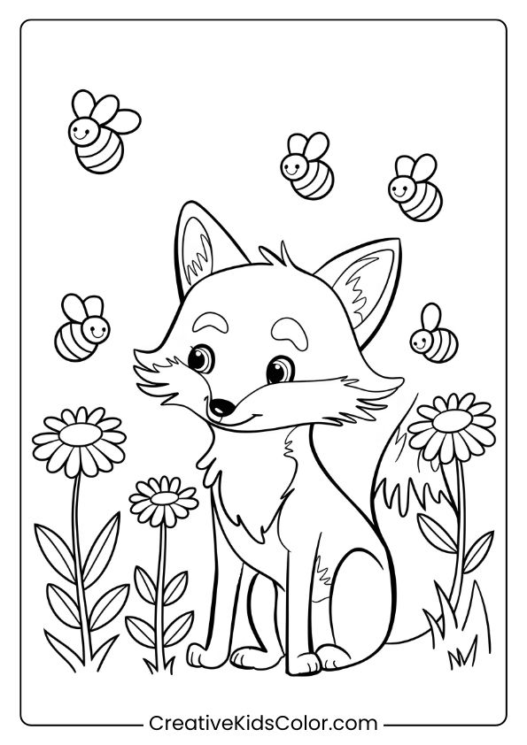 Fox Coloring Page Of A Fox Surrounded By Bees And Flowers, Capturing The Playfulness Of A Summer Meadow.