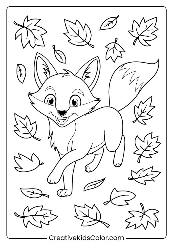 Fox Coloring Page Of A Fox Among Autumn Leaves, With Lighthearted Vibes In A Festive Fall Setting, Perfect For Coloring.