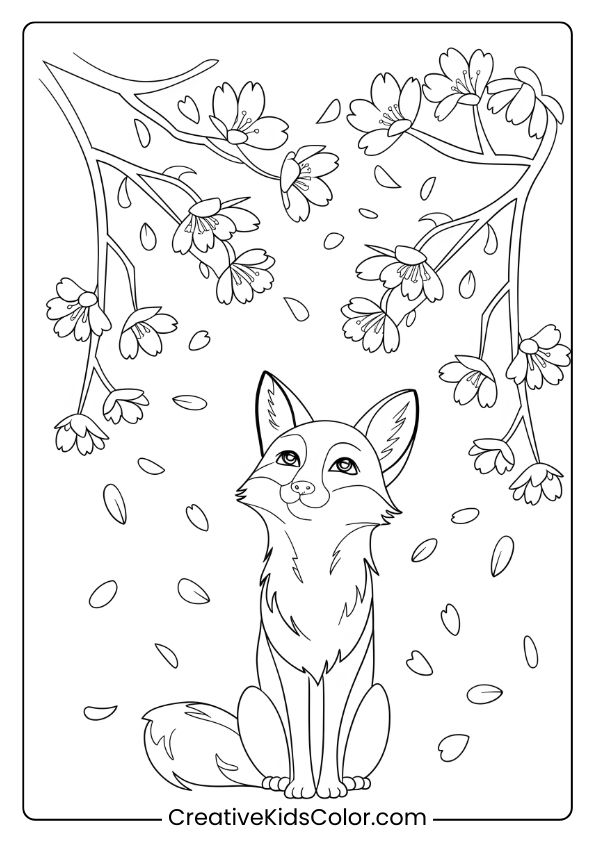 Fox Coloring Page Of A Fox Under Cherry Blossoms, Creating A Soft, Spring-Like Scene Ideal For Gentle Coloring.