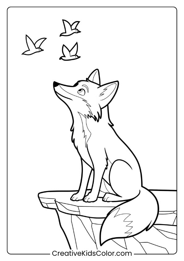 Fox Coloring Page Showing A Fox Observing Birds From A Rock Ledge, Perfect For An Outdoor-Inspired Coloring Experience.