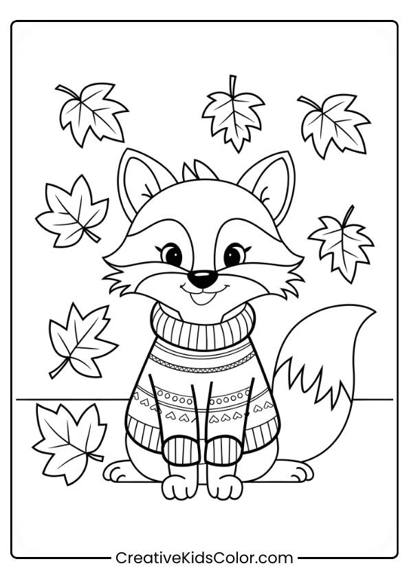A Fox Wearing A Sweater Surrounded By Autumn Leaves Is The Focus Of This Coloring Page.