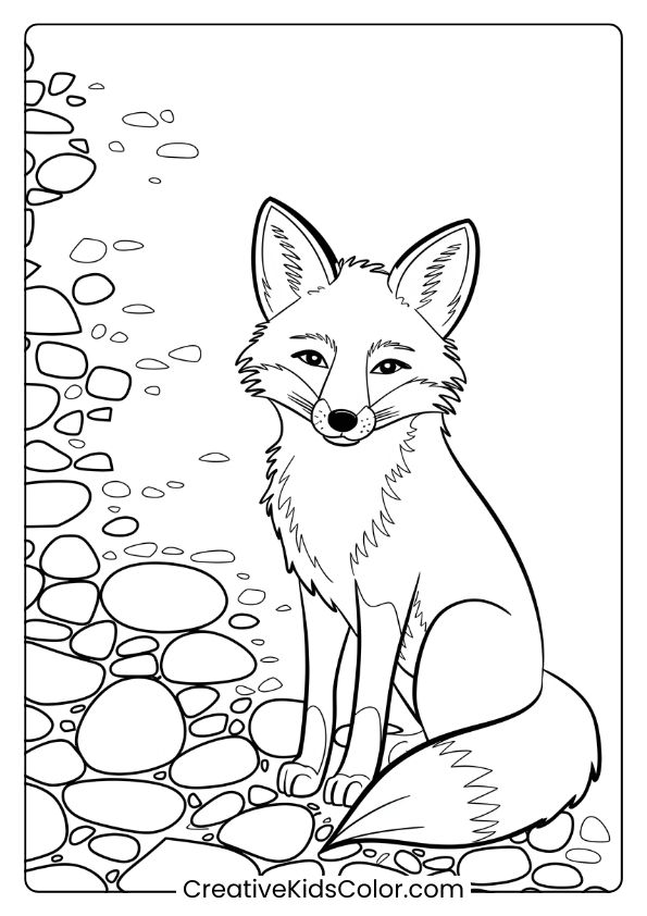 Fox Coloring Page Of A Fox Sitting Among Stones, Creating A Peaceful, Nature-Focused Scene Ideal For Detail Coloring.