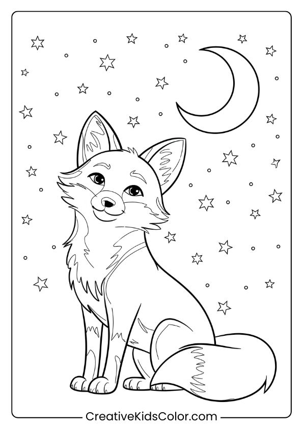 Fox Coloring Page Featuring A Fox With Stars And Moonlight Above, Creating A Serene, Nighttime Coloring Scene.