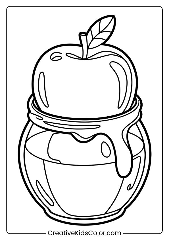 A Sweet Coloring Page With An Apple And Honey Jar, Capturing A Delicious Theme For Kids' Creativity.