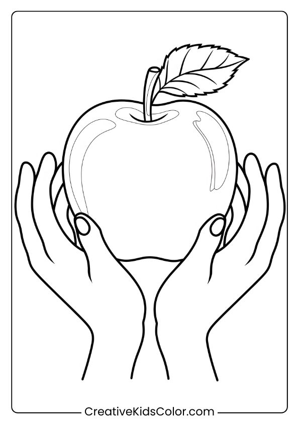 A Mcintosh Apple Coloring Page Showing Hands Holding A Glossy Apple, Perfect For A Wholesome Coloring Session.