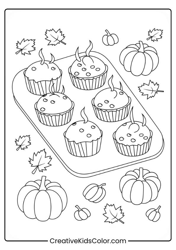 Freshly Baked Pumpkin Muffins With Autumn Leaves, Perfect For A Fall-Inspired Coloring Page.