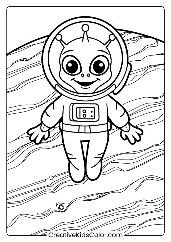 Coloring Page Of An Alien Floating Above A Planet, Possibly Jupiter, With Waves And Stripes Adding Cosmic Detail.