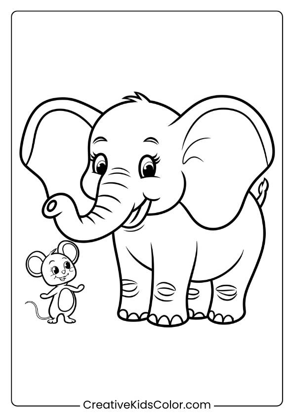 Coloring Page Of A Friendly Elephant And Mouse Together.