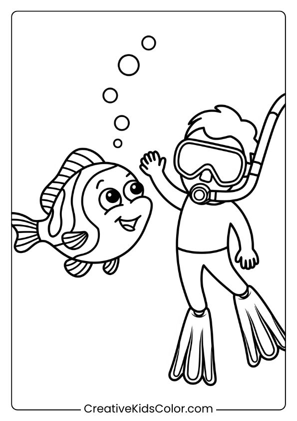A Friendly Fish And Diver Meet Underwater, Surrounded By Bubbles, Creating An Inviting Coloring Page Of Exploration.