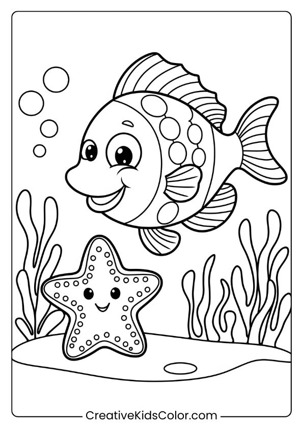 A Cheerful Fish And A Friendly Starfish In A Peaceful Underwater Setting Provide A Simple Yet Inviting Coloring Page.