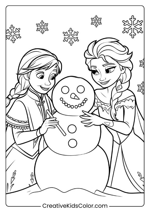 Anna And Elsa Building A Snowman In This Printable Coloring Page, Capturing A Joyful Winter Moment Between The Two Frozen Sisters.