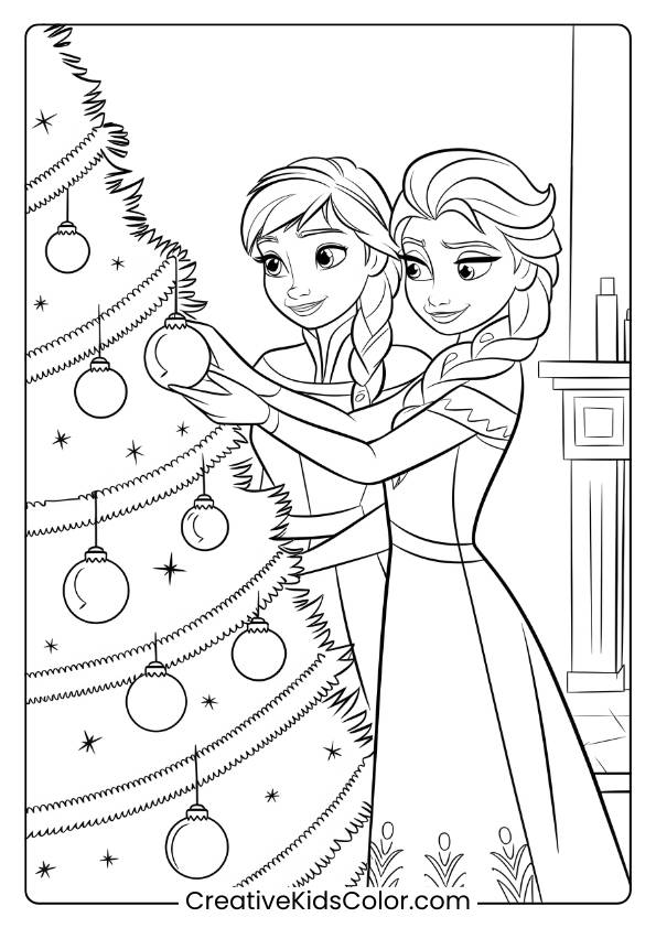 Anna And Elsa Decorating A Christmas Tree In This Coloring Page, Capturing A Joyful Holiday Moment In The Frozen Universe.