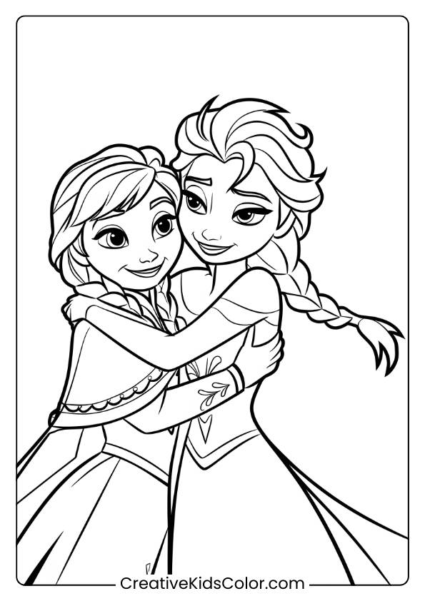 Anna And Elsa Hugging After A Snowy Adventure In This Coloring Page, Highlighting Their Strong Sisterly Bond In A Winter Setting.