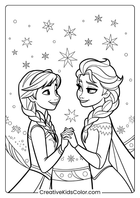 Anna And Elsa Sharing A Magical Moment Under The Stars In This Coloring Page, Capturing Their Sisterly Bond And Wonder.
