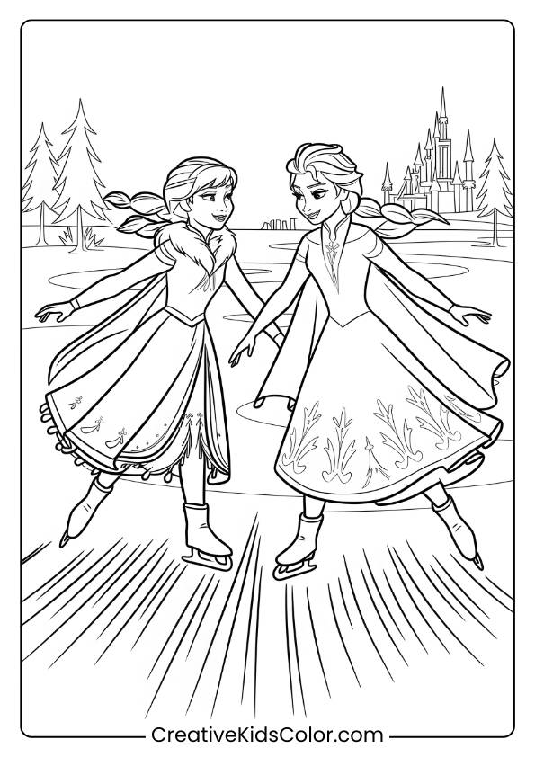 Elsa And Anna Skating Together On A Frozen Lake In This Coloring Page, Featuring A Scenic Castle Backdrop And Winter Landscape.