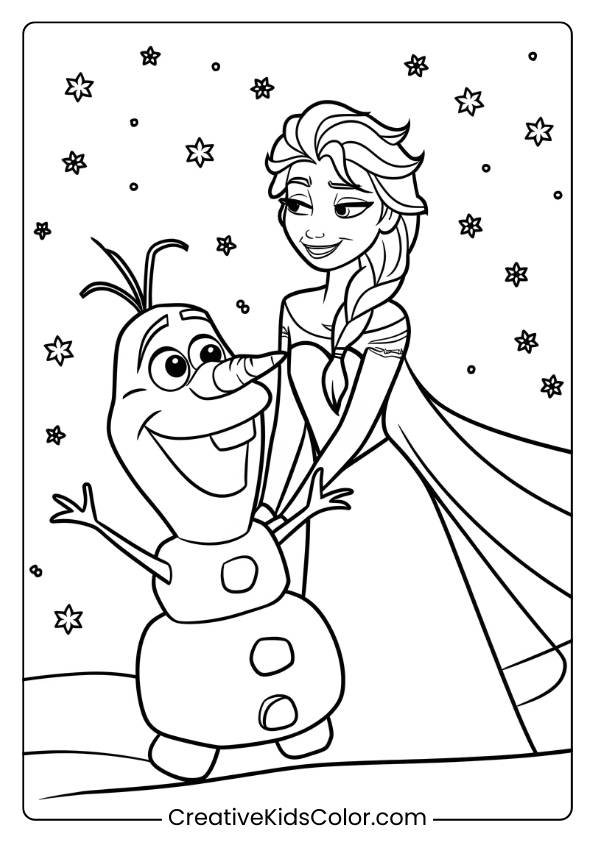Elsa And Olaf Laughing Together In The Snow In This Coloring Page, Highlighting The Fun Friendship Between The Frozen Characters.