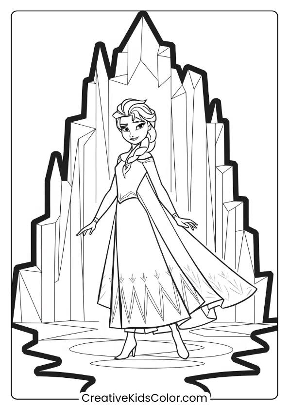 Elsa Standing In Her Ice Castle In This Printable Coloring Page, Showcasing Her Majestic And Icy Surroundings.