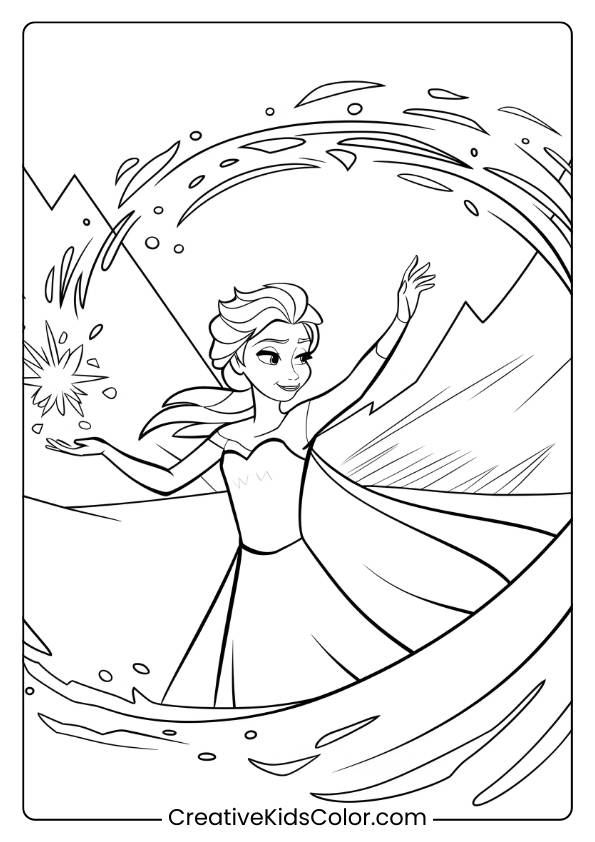 Elsa Using Her Ice Powers In The Snowy Mountains In This Coloring Page, Capturing A Magical Moment In The Frozen Universe.