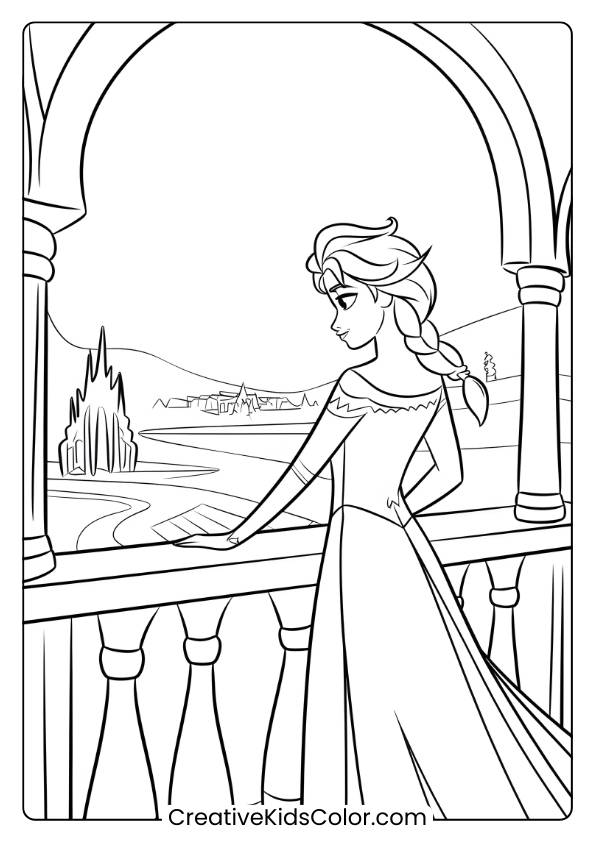 Elsa Watching Over Arendelle From Her Ice Palace In This Coloring Page, Highlighting Her Protective And Regal Stance.
