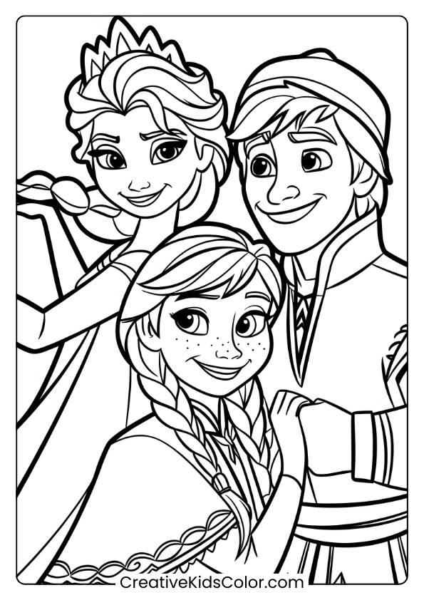 Elsa, Anna, And Kristoff Smiling Together In This Coloring Page, Showcasing Their Friendship And Bond.
