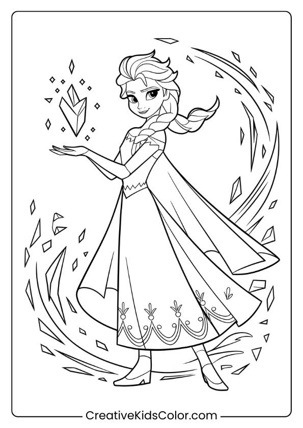 Elsa Using Her Sparkling Ice Powers In This Printable Coloring Page, Showcasing Her Magical Abilities.