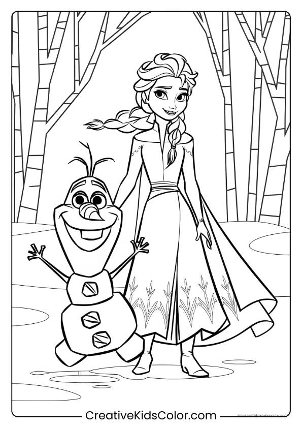 Elsa With Olaf In The Frozen Forest In This Coloring Page, Highlighting Their Friendship And Winter Adventure.