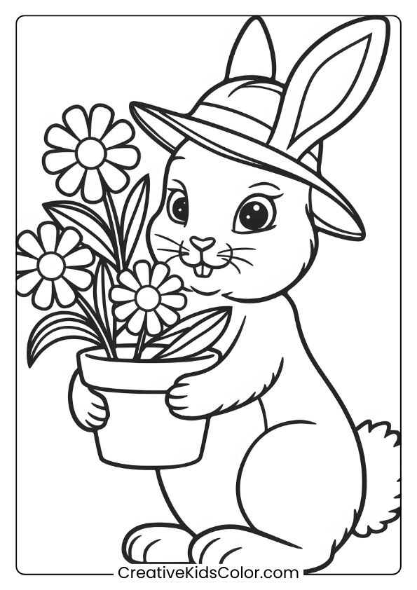 Coloring Page Of A Gardener Bunny With A Pot Of Flowers, Perfect For Garden And Spring-Themed Coloring.