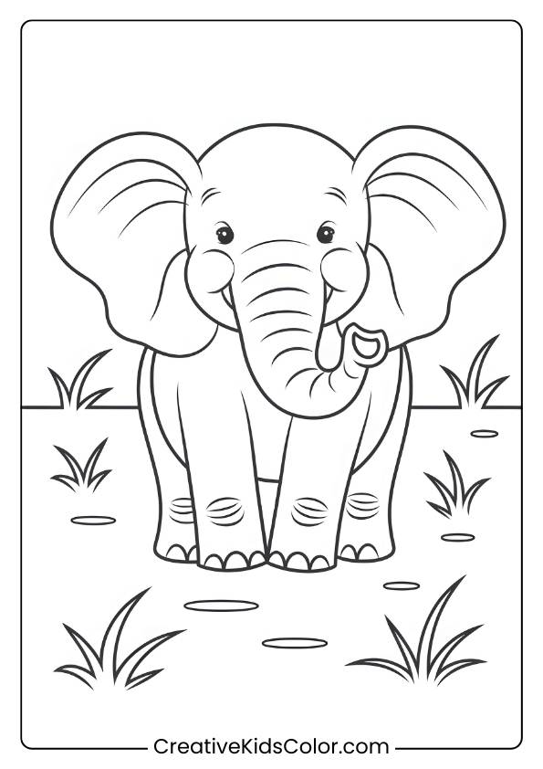 Coloring Page Of A Gentle Cartoon Elephant In The Grass.