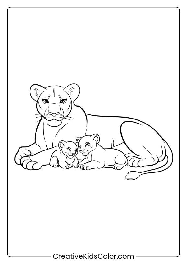 A Lioness With Two Cubs, Creating A Heartwarming Scene For Children To Color In This Lion Family Coloring Page.