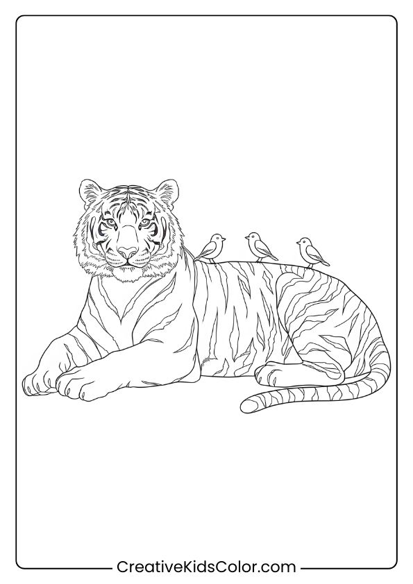Gentle Tiger Coloring Page With Birds Perched On The Tiger, Highlighting Peaceful Coexistence.