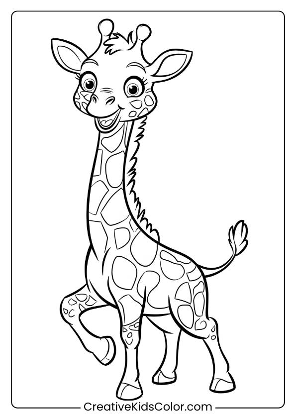 Fun-Filled Coloring Page Featuring A Joyful Giraffe, Ideal For Kids Who Like Playful Animal Designs.