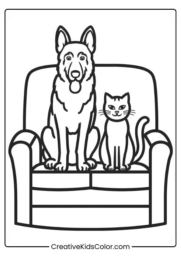 German Shepherd And Cat Sitting Together On A Couch In A Relaxing Scene In A Dog Coloring Page.
