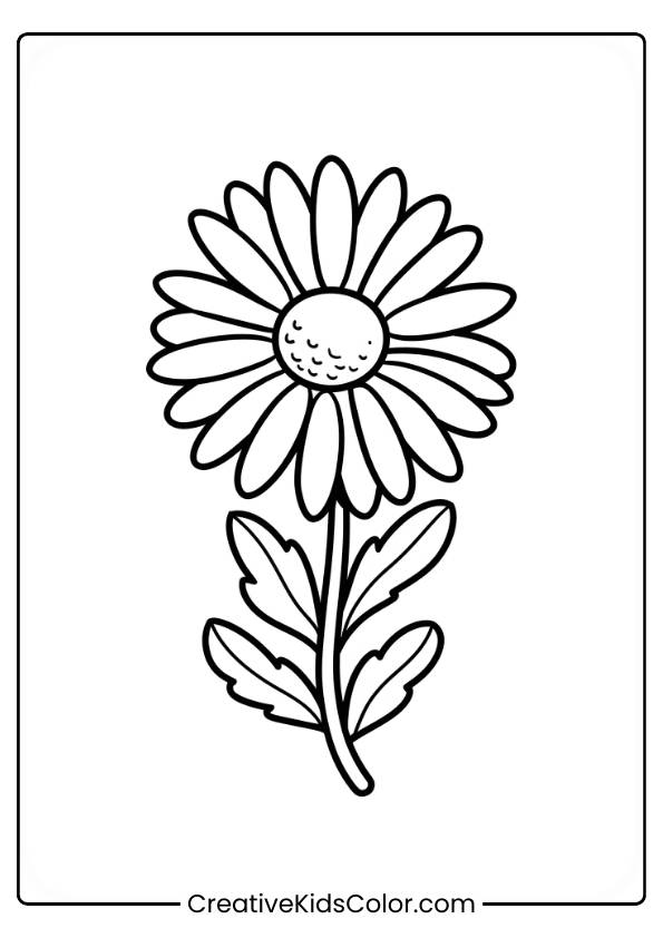 A Large Daisy With Numerous Petals Radiating Outward And A Slender Stem, Perfect For Detailed Coloring.