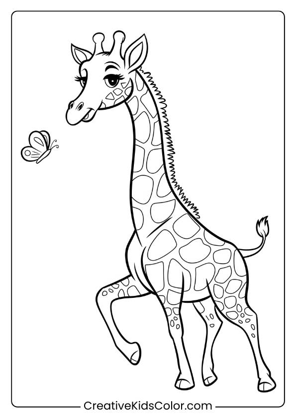 Giraffe And Butterfly Together In A Light-Hearted Coloring Page, Perfect For Kids Who Love Gentle Nature Scenes.