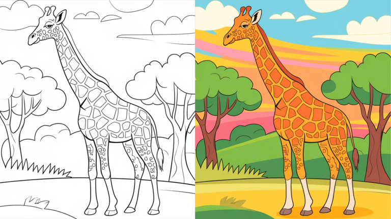 This Coloring Page Cover Shows A Giraffe In Monochrome On The Left And Fully Colored With A Vibrant Sky And Landscape On The Right.