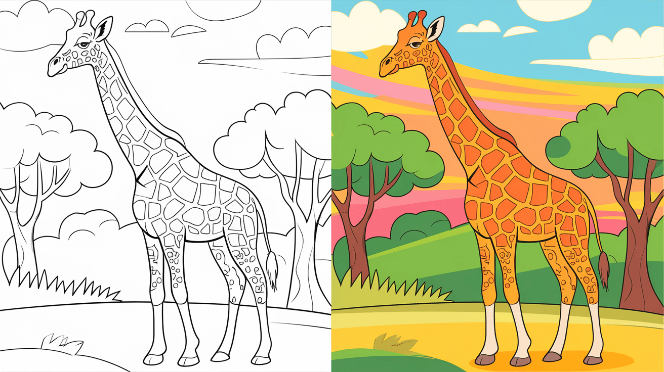 This Coloring Page Cover Shows A Giraffe In Monochrome On The Left And Fully Colored With A Vibrant Sky And Landscape On The Right.