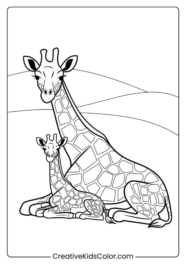 Relaxed Giraffe Family On A Hill In A Tender Coloring Page, Perfect For Family-Themed Coloring Activities.