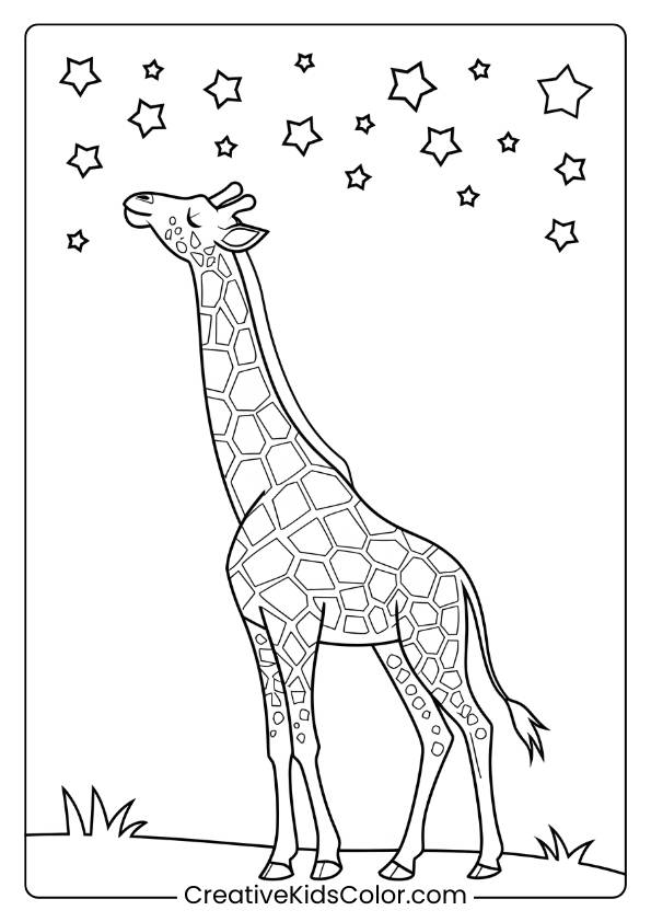 Giraffe Under The Stars In A Serene Coloring Page, Perfect For Quiet And Reflective Moments.