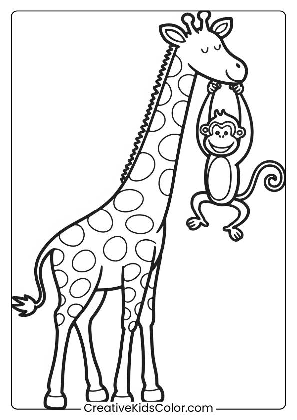 Giraffe And Monkey Playing In A Lively Coloring Page, Ideal For Kids Who Love Animated Animal Interactions.