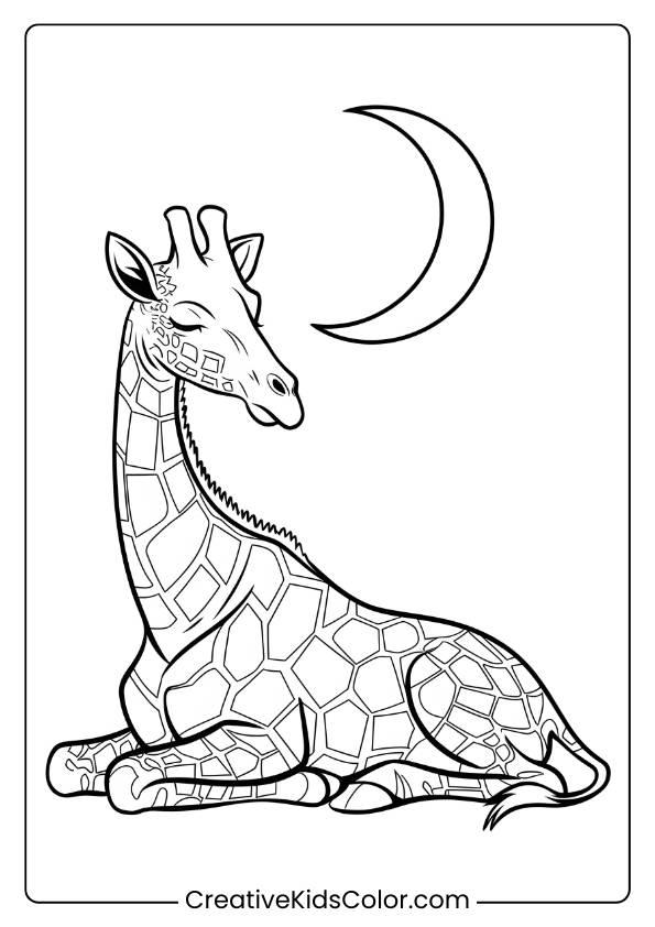Giraffe Resting Under A Moonlit Sky In A Dreamy Coloring Page, Perfect For Bedtime Coloring.