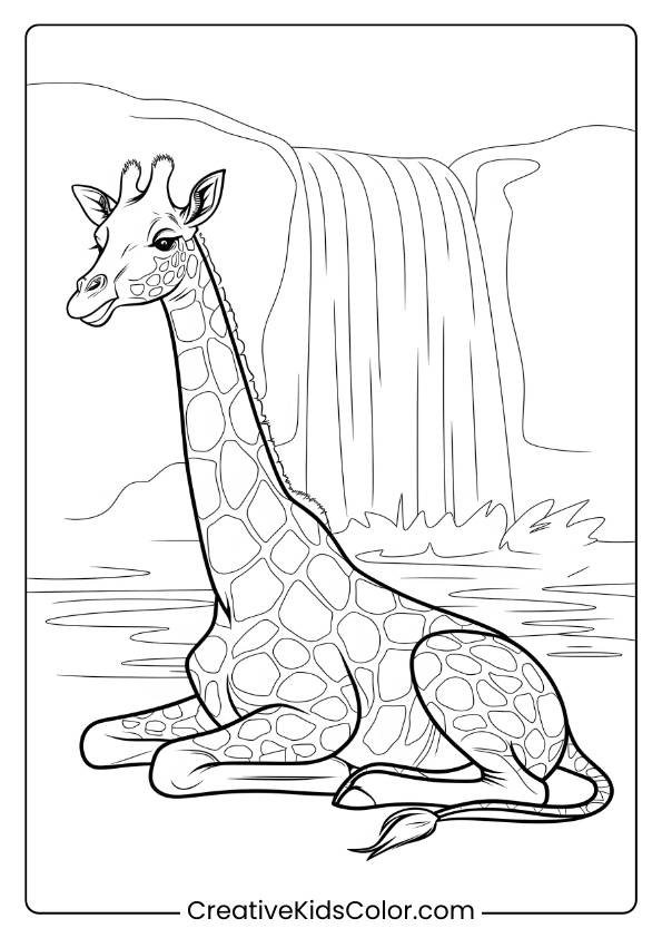 Giraffe By A Waterfall In A Serene Coloring Page, Great For Calming And Soothing Activities.