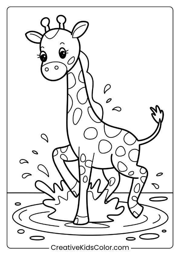 Giraffe Splashing In Water In A Fun Coloring Page, Perfect For Lively And Energetic Scenes.