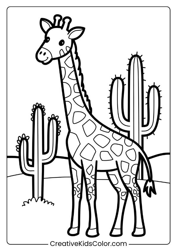 Giraffe In A Desert Scene With Cacti, Great For Kids Who Enjoy Unique Wildlife Coloring Pages.