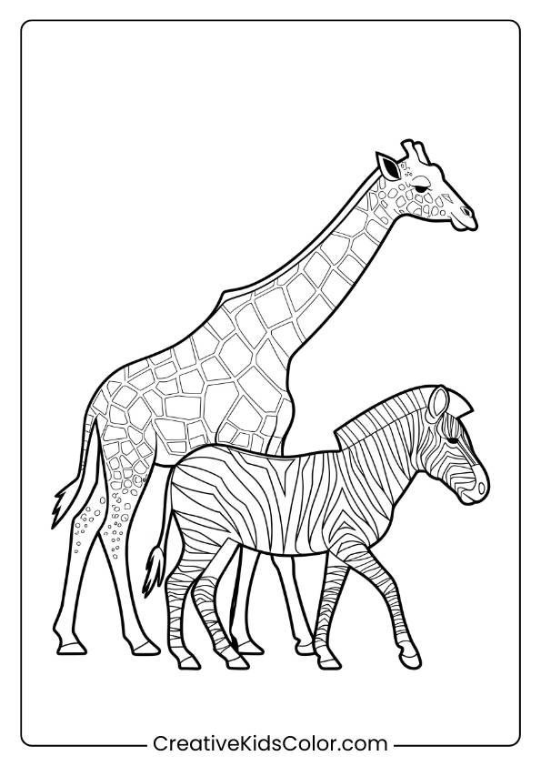 Giraffe And Zebra Together In A Classic Coloring Page, Great For African Wildlife Lovers.