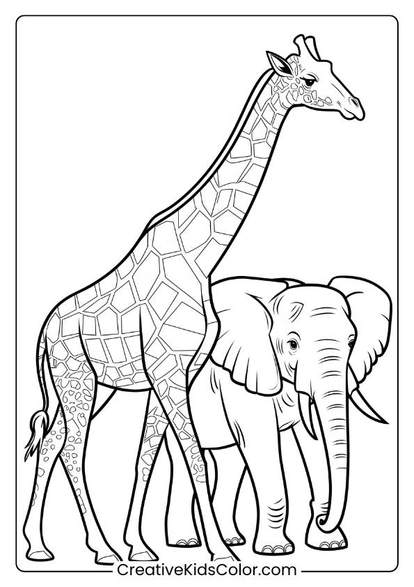 Giraffe And Elephant Walking Side By Side In A Friendly Coloring Page For Young Animal Enthusiasts.