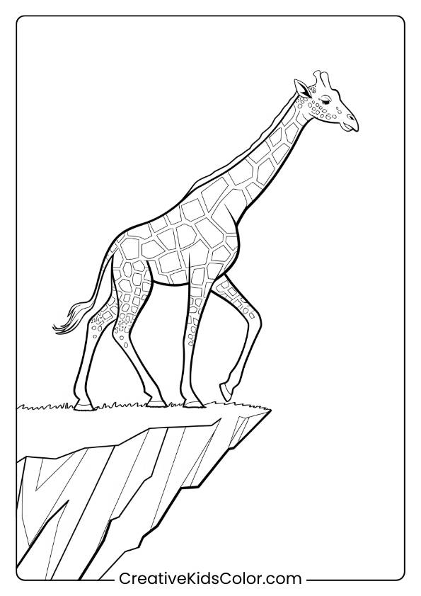 Giraffe On A Cliff Edge In A Thrilling Coloring Page, Great For Adventurous Children.