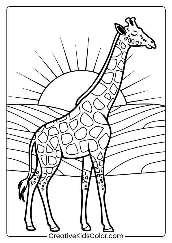 Giraffe At Sunrise In A Stunning Coloring Page, Great For Those Who Enjoy Scenic Views.