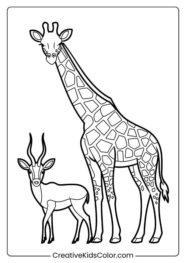 Giraffe And Antelope Together In A Peaceful Coloring Page, Ideal For Animal Lovers.