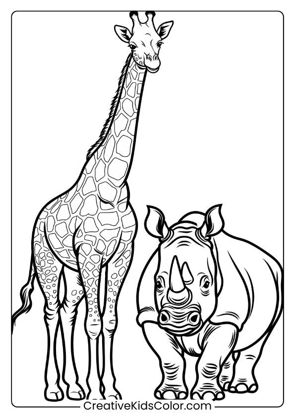 Giraffe And Rhino Together In A Detailed Coloring Page, Perfect For Animal Enthusiasts.